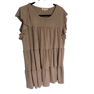 Indigo Soul Faux Suede Tiered Mini Dress Tan Brown RuffleSleeve XL Boho festival